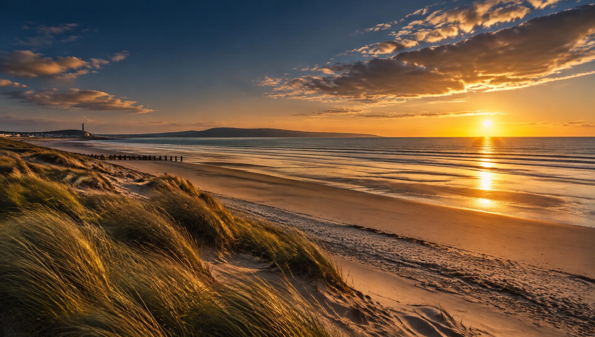 Golden hour over the beach and dunes on Walney Island, Cumbria